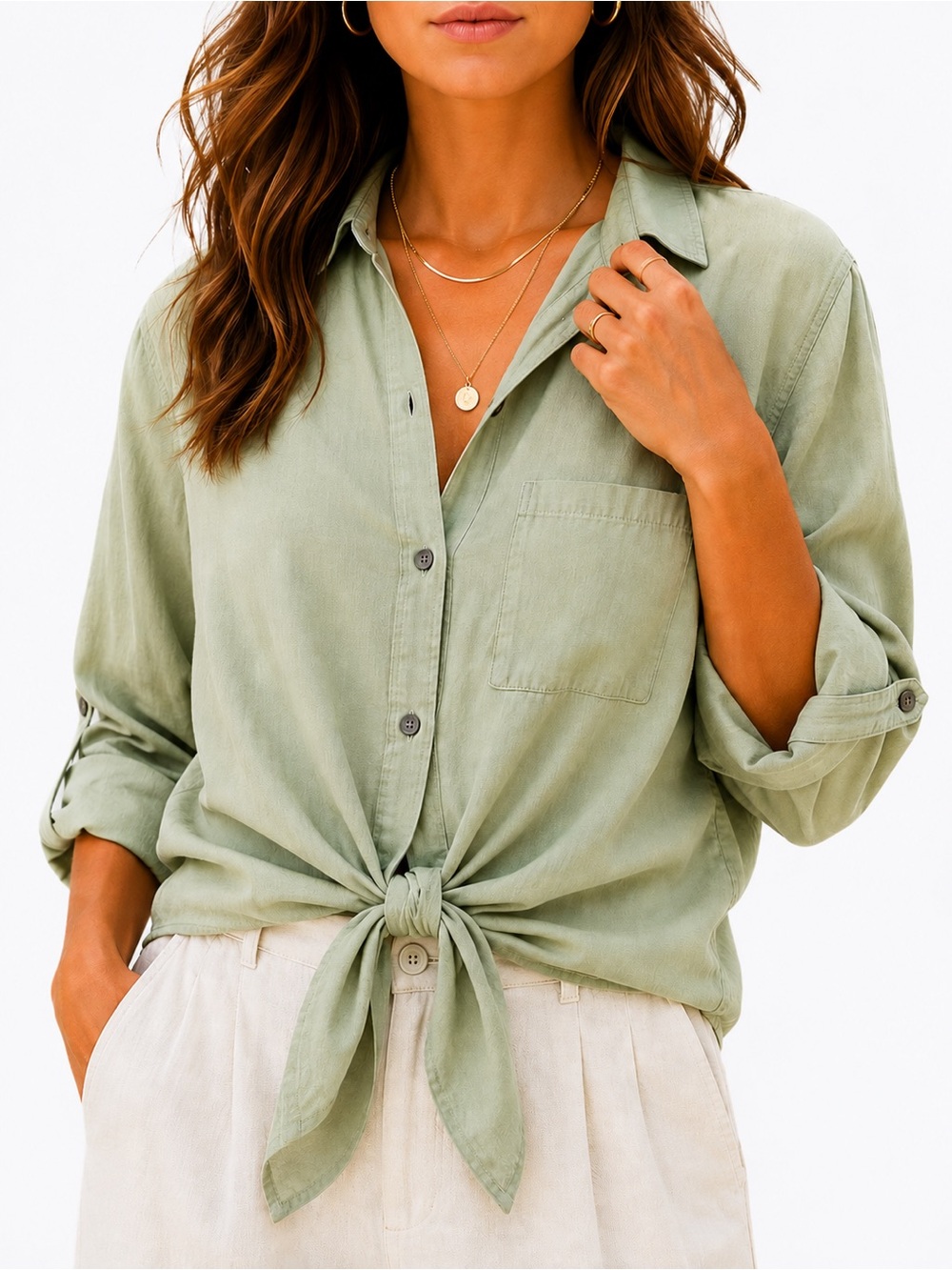 LOVE TREE 100% Tencel Sage Green Tie Front Button Up Shirt Small